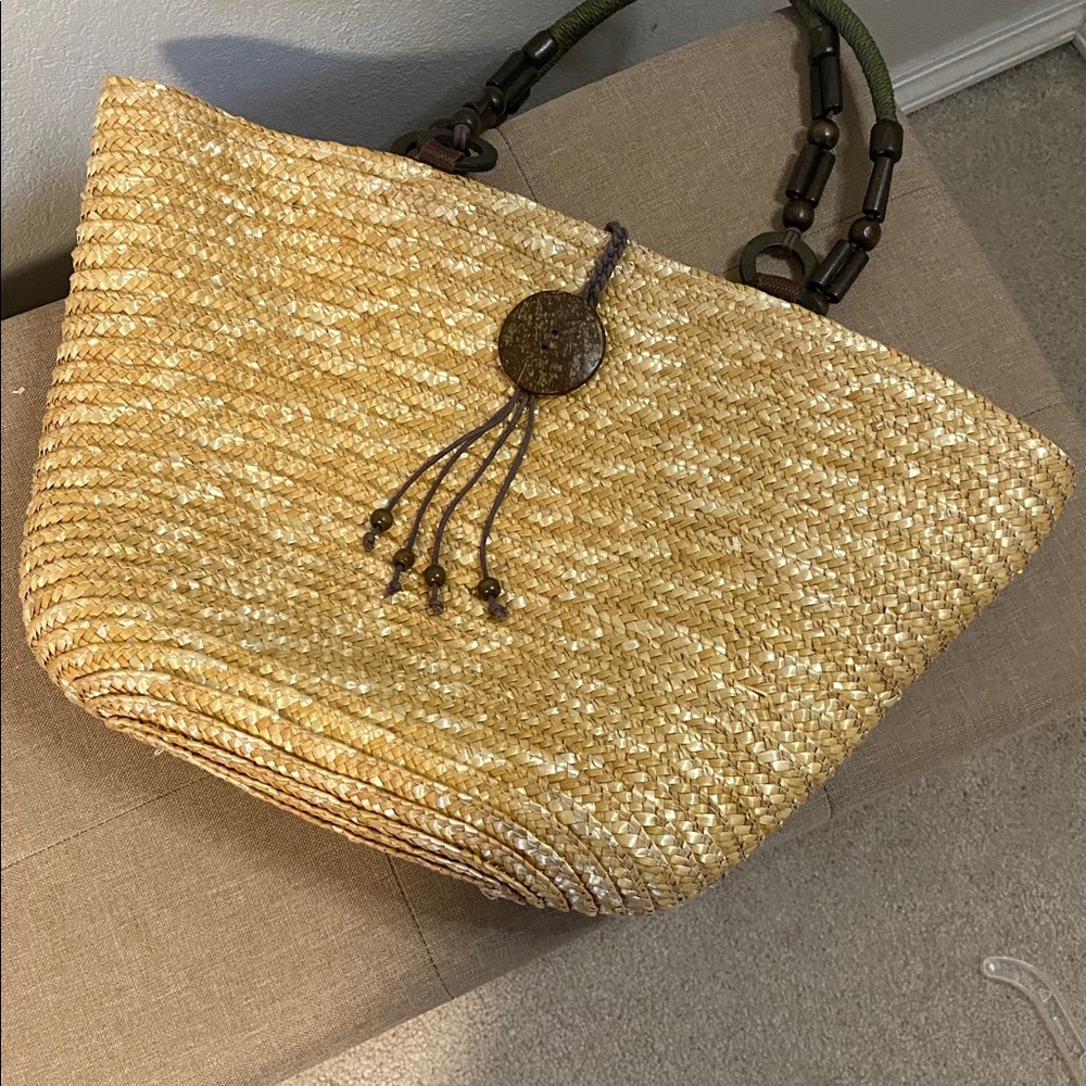 White Stag Natural Straw Tote with Wood Accents & Snap Top Closure - Picture 7 of 8